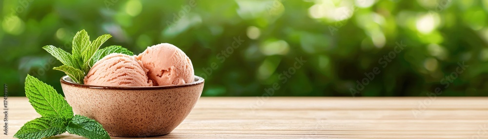 Refreshing Pink Gelato in a Brown Bowl Surrounded by Fresh Mint Leaves on a Wooden Surface Refreshing Pink Gelato in a Brown Bowl Surrounded by Fresh Mint Leaves on a Wooden Surface