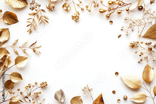 Clean white background with scattered gold confetti and petals photo