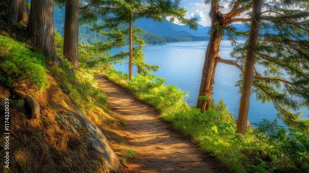 Fototapeta premium Serene Lakeside Pathway Surrounded by Lush Greenery and Tall Trees, Inviting Nature Walks and Scenic Views in a Tranquil Outdoor Setting