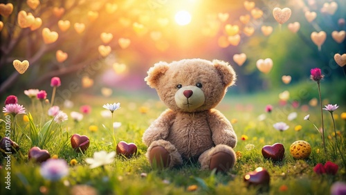 Cute Teddy Bear with Heart-Shaped Chocolates in a Spring Meadow Landscape