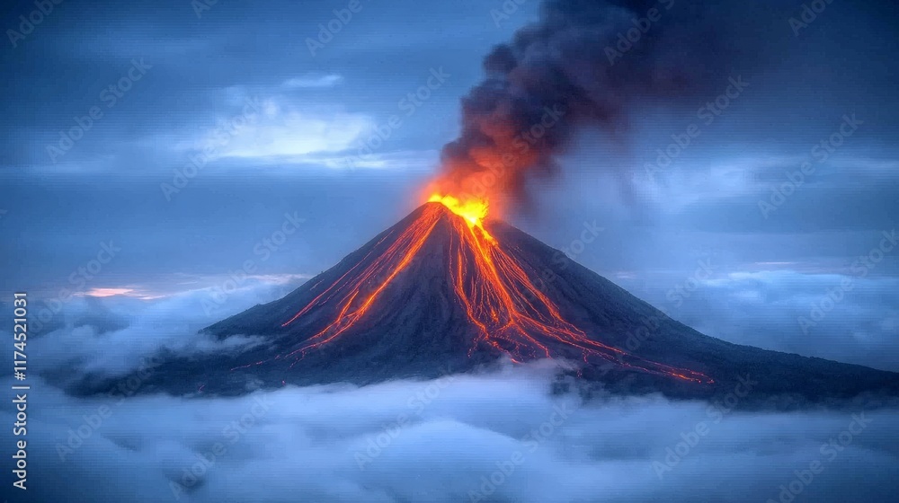 Fototapeta premium Majestic volcano eruption with flowing lava and billowing smoke at dusk