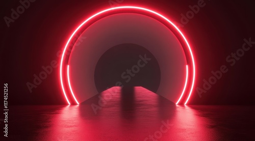 Abstract background with red neon light and glowing round arch on black background.