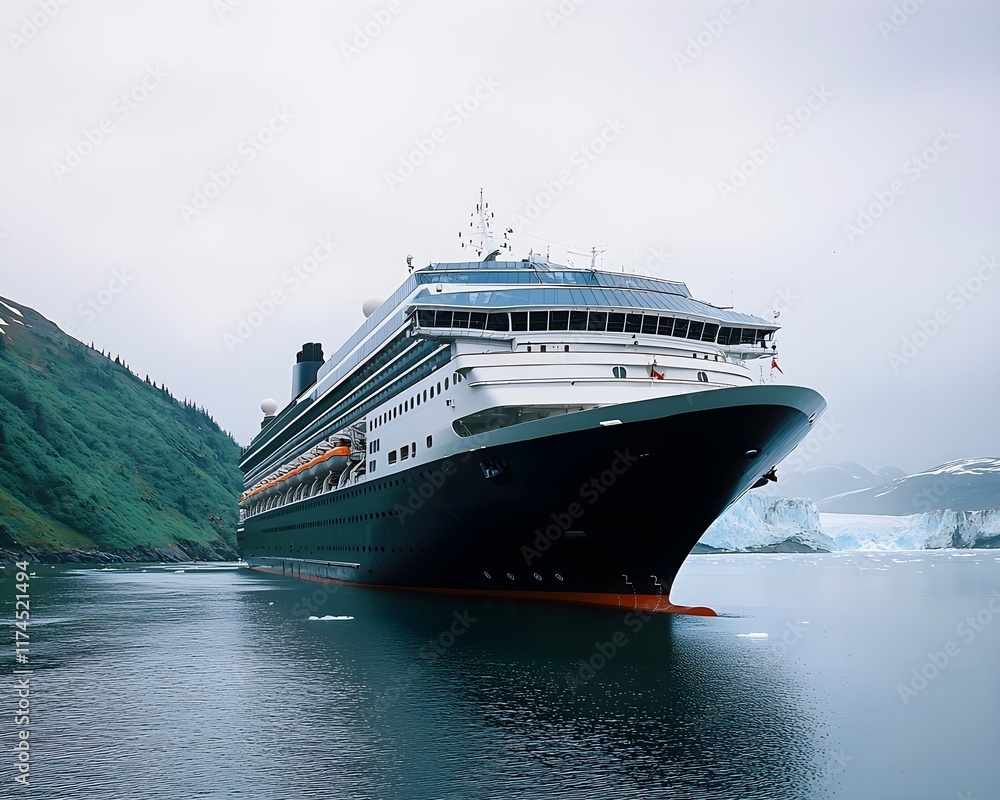 Side view of cruise ship with glacier in the background