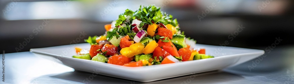 Fresh Colorful Salad with Vegetables and Herbs Presented on a Square White Plate in Restaurant Fresh Colorful Salad with Vegetables and Herbs Presented on a Square White Plate in Restaurant