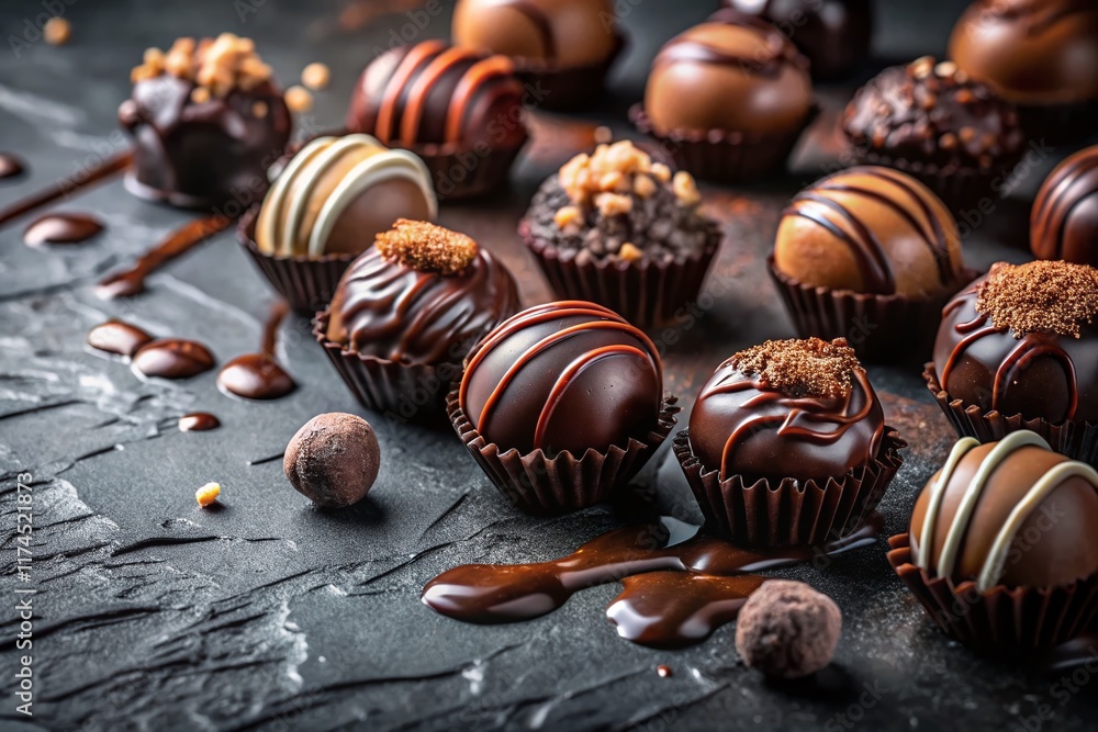 Dark Chocolate, Milk Chocolate, Truffles & Syrup on Concrete - Gourmet Dessert Stock Photo Dark Chocolate, Milk Chocolate, Truffles & Syrup on Concrete - Gourmet Dessert Stock Photo