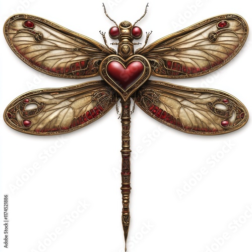 Ornate Dragonfly Illustration with Intricate Patterns and Heart-Shaped Details, Perfect for Art and Nature Themes photo