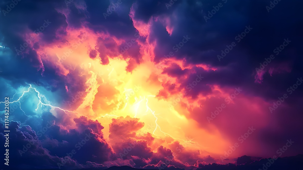 A dramatic sky filled with colorful clouds and lightning, evoking nature's power. A dramatic sky filled with colorful clouds and lightning, evoking nature's power.