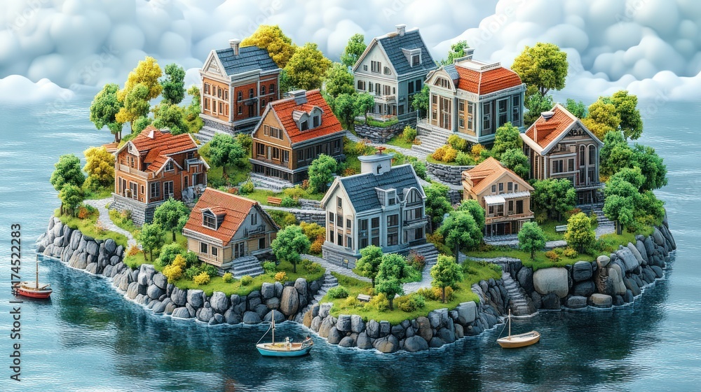Obraz premium Island village, idyllic, ocean, cloudy sky
