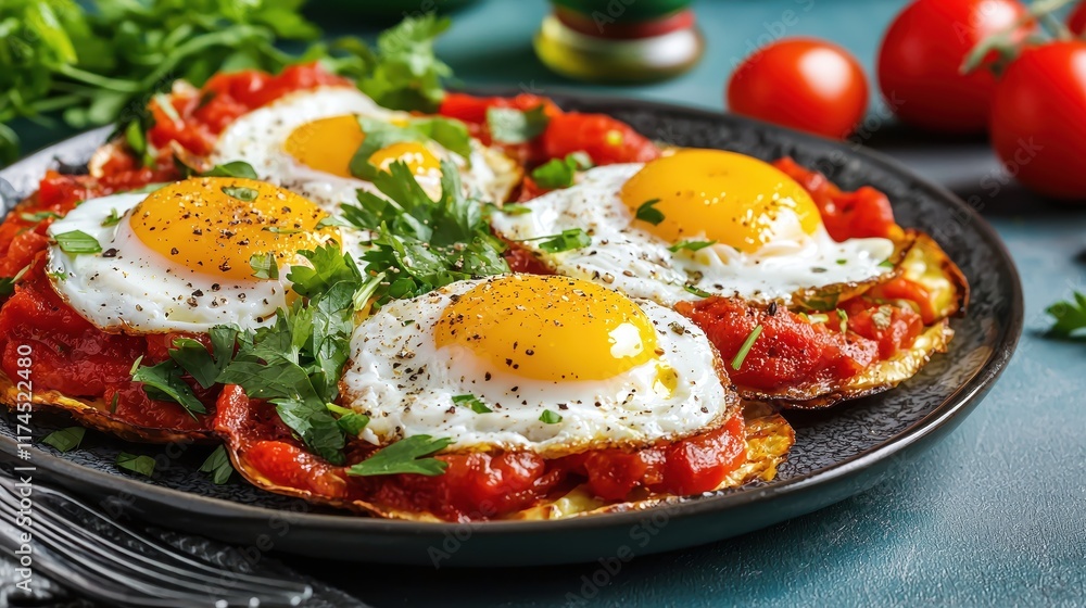 Delicious Breakfast with Fried Eggs and Tomato Sauce on Plate Delicious Breakfast with Fried Eggs and Tomato Sauce on Plate