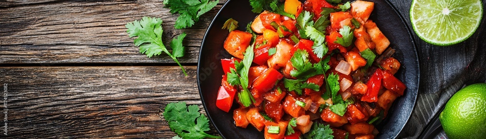 Fresh and Colorful Salsa with Tomatoes, Peppers, Onions, and Cilantro in a Dark Bowl Fresh and Colorful Salsa with Tomatoes, Peppers, Onions, and Cilantro in a Dark Bowl
