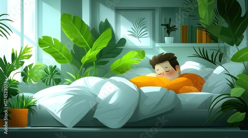 A cozy scene of a person sleeping in a bed surrounded by lush indoor plants.
