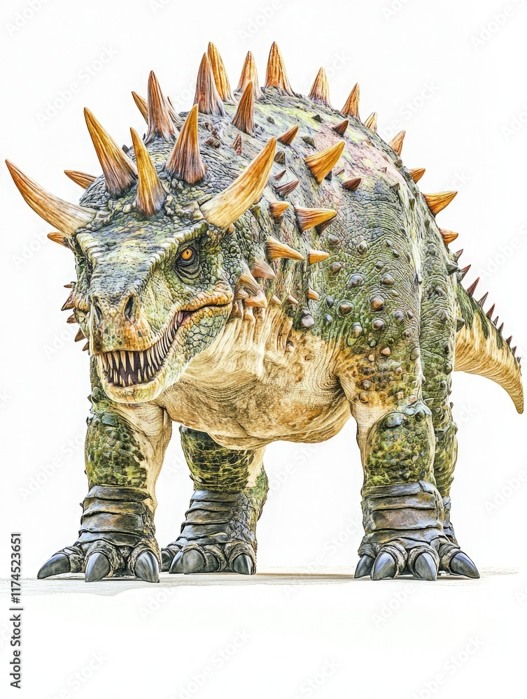 A detailed, spiked dinosaur-like creature standing menacingly. A detailed, spiked dinosaur-like creature standing menacingly.