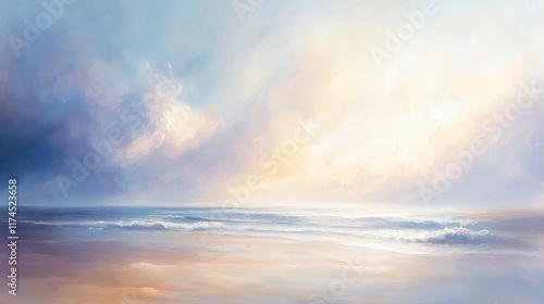 Tranquil Sunrise Over Serene Ocean Waves with Soft Clouds and Gentle Light Reflecting on the Water's Surface in an Abstract Style
