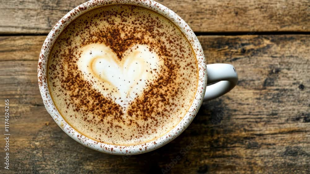 Enjoying a warm cappuccino with a heart pattern in froth on a rustic wooden table, Cup of cappuccino with heart pattern in froth on wooden table Enjoying a warm cappuccino with a heart pattern in froth on a rustic wooden table, Cup of cappuccino with heart pattern in froth on wooden table