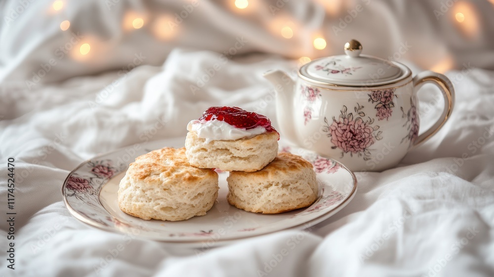 A serving of freshly baked scones with clotted cream and strawberry jam, alongside a teapot with floral designs, set on a white linen-draped bed with romantic fairy lights in the background A serving of freshly baked scones with clotted cream and strawberry jam, alongside a teapot with floral designs, set on a white linen-draped bed with romantic fairy lights in the background