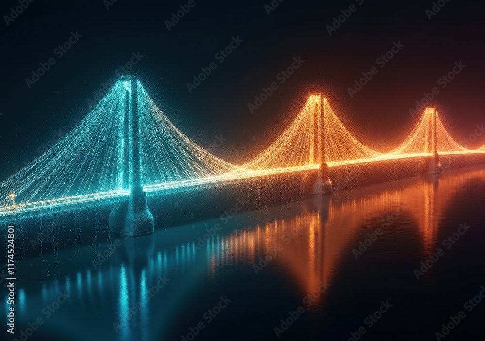 Fototapeta premium Colorful illuminated bridge reflections in a serene night landscape by the water