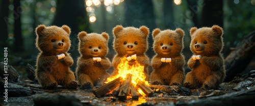 Adorable Bear Cubs Roasting Marshmallows Around a Campfire in a Magical Forest