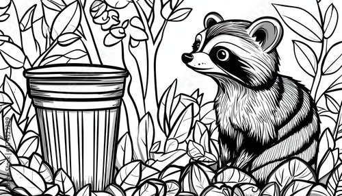 A curious raccoon sits by a trash can in a lush garden setting. This playful illustration is ideal for coloring books, nature-themed designs, or educational materials. photo