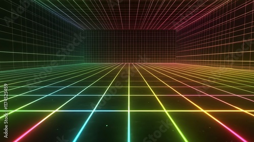 Rainbow Neon Grid Lines in a Dark Room photo