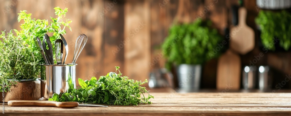 Fototapeta premium Fresh Herbs and Kitchen Utensils on a Wooden Counter in a Bright Culinary Environment