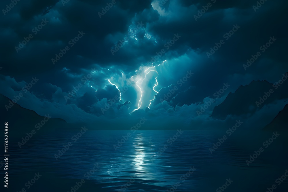 Naklejka premium A dramatic stormy sky with lightning illuminating a calm water surface.