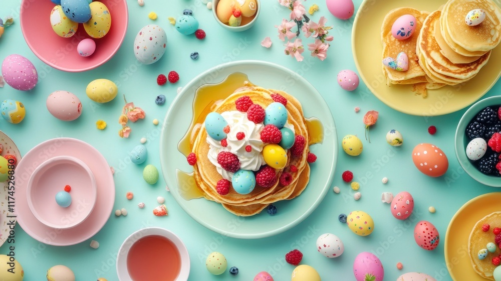 Colorful Easter Brunch with Pancakes, Eggs, and Berries. Colorful Easter Brunch with Pancakes, Eggs, and Berries.