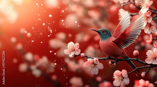 A red bird is perched on a branch of a pink tree photo