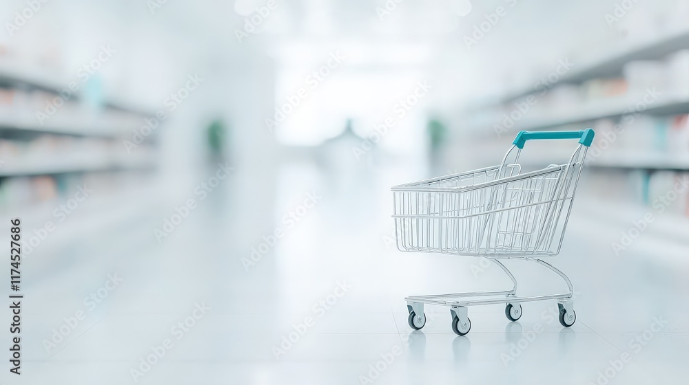 Shopping cart rolling down a bright and clean supermarket aisle, white background Shopping cart rolling down a bright and clean supermarket aisle, white background
