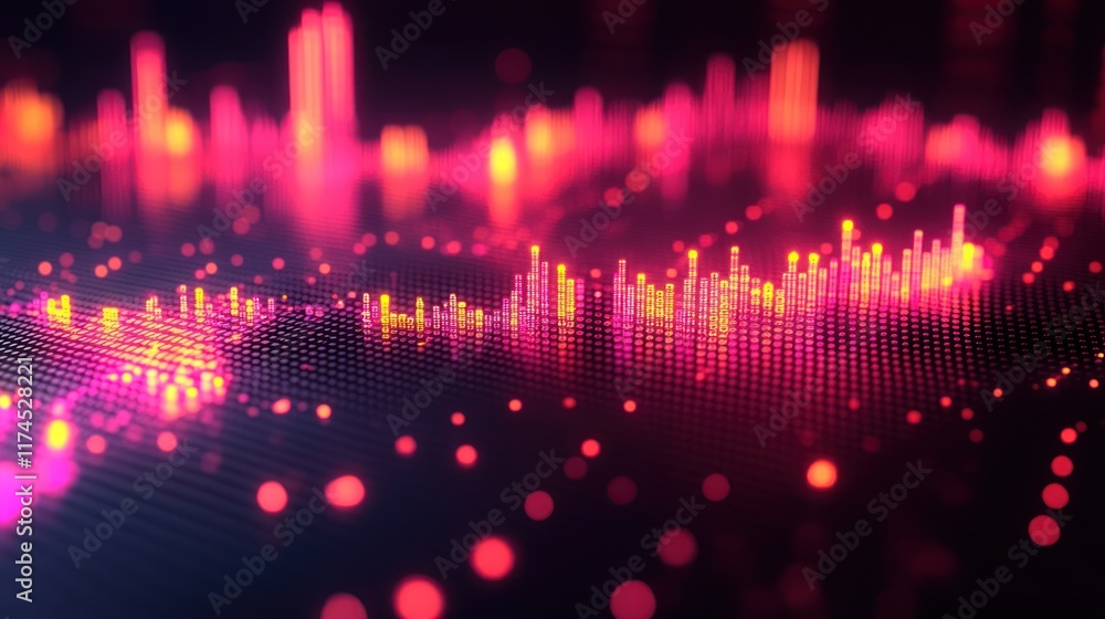 Abstract data visualization; glowing pink, orange peaks; dark background; tech concept Abstract data visualization; glowing pink, orange peaks; dark background; tech concept
