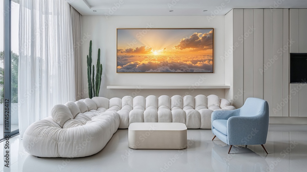 Fototapeta premium Generative AI, Airy Modern Living Room with Cloud-Inspired Sofa and Golden Sunrise Artwork