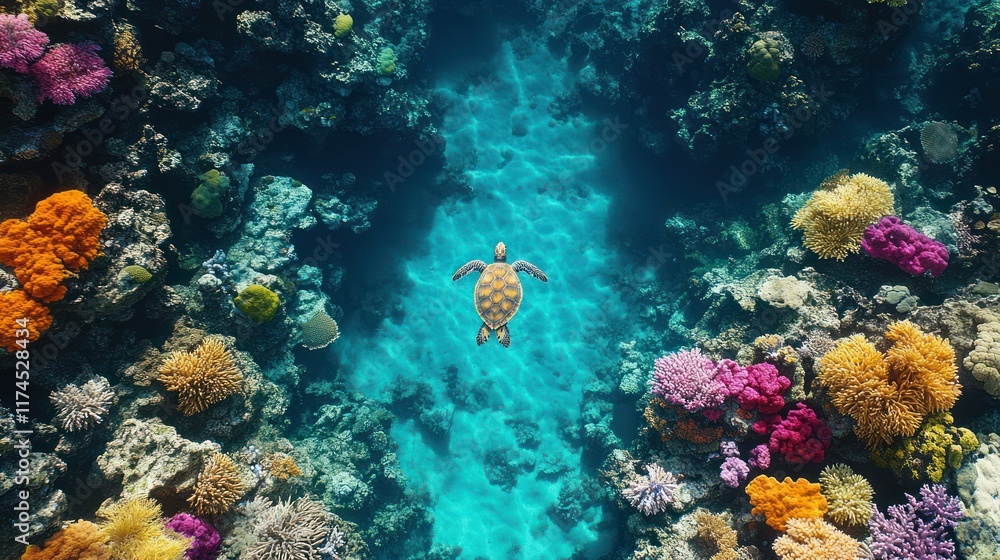 Naklejka premium Sea turtle swims vibrant coral reef channel