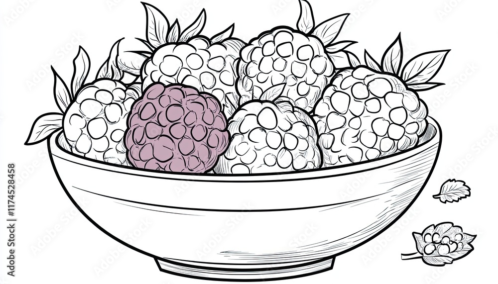 Line art illustration of raspberries in a bowl. Perfect for coloring pages, recipe books, or food blogs. Line art illustration of raspberries in a bowl. Perfect for coloring pages, recipe books, or food blogs.