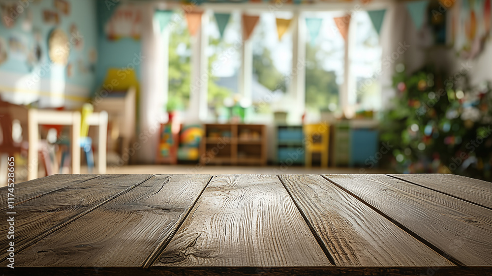 A wooden desk is set against a blurred backdrop of a child's room or kindergarten interior in a stock photo
A wooden desk is set against a blurred backdrop of a child's room or kindergarten interior in a stock photo