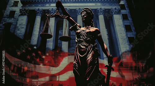 Lady Justice statue stands in front of a grand courthouse with an American flag backdrop, symbolizing law and order in a democratic society.