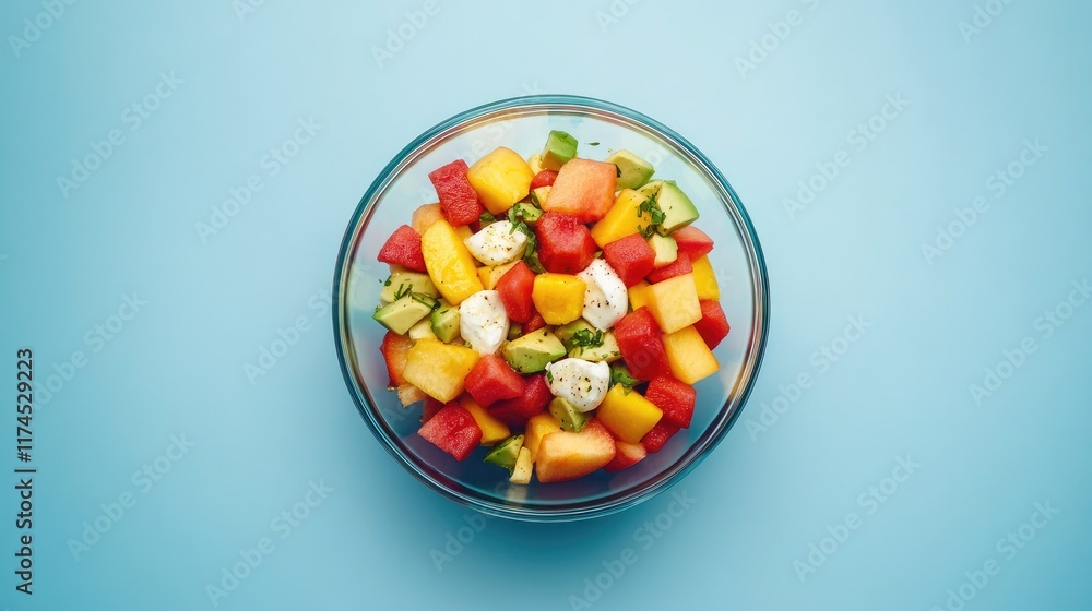 Bowl of Watermelon, Peach, and Avocado Salad, Top View, Vibrant Mexican Food Photography on Blue Background Bowl of Watermelon, Peach, and Avocado Salad, Top View, Vibrant Mexican Food Photography on Blue Background