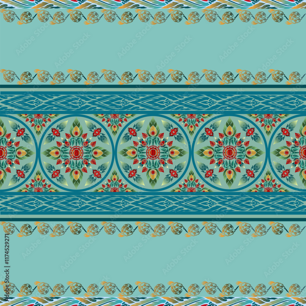 Thai Art Design - Intricate Mandala Motifs with Teal, Red, and Gold Accents, Symmetrical Borders on Aqua Background, Perfect for Cultural Decor, Textile Patterns, and Heritage-Inspired Artistic Thai Art Design - Intricate Mandala Motifs with Teal, Red, and Gold Accents, Symmetrical Borders on Aqua Background, Perfect for Cultural Decor, Textile Patterns, and Heritage-Inspired Artistic