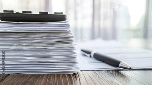 Close-up of a stack of documents with a calculator and pen on a wooden desk, symbolizing tax rules and financial planning.
