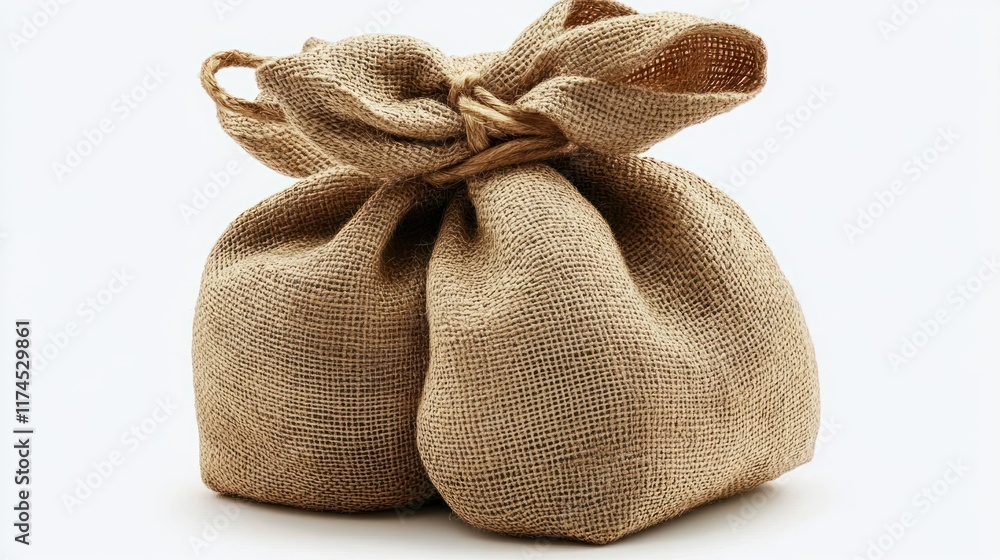 Tied burlap sack studio shot, white background, rustic texture, packaging Tied burlap sack studio shot, white background, rustic texture, packaging