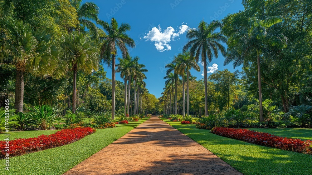 Tropical garden path, palm trees, sunny day, vibrant flowers, travel brochure Tropical garden path, palm trees, sunny day, vibrant flowers, travel brochure