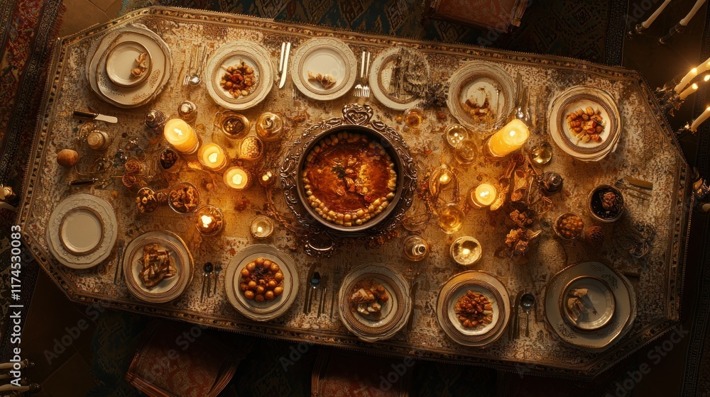 Overhead view of a lavish, long dining table set for a feast, with candles, ornate tableware, and various dishes. Overhead view of a lavish, long dining table set for a feast, with candles, ornate tableware, and various dishes.