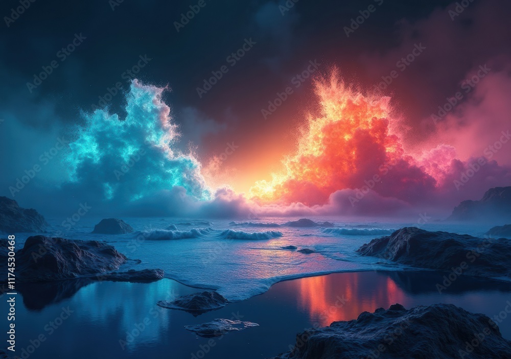 Vibrant sunset over calm ocean with dramatic clouds and reflecting water Vibrant sunset over calm ocean with dramatic clouds and reflecting water