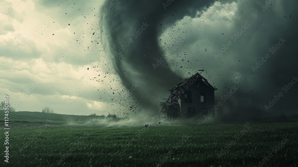Fototapeta premium Powerful tornado devastating abandoned house in open field
