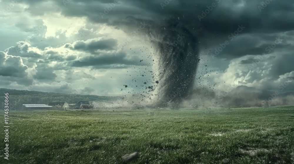 Powerful tornado sweeping across open field under a dramatic sky Powerful tornado sweeping across open field under a dramatic sky