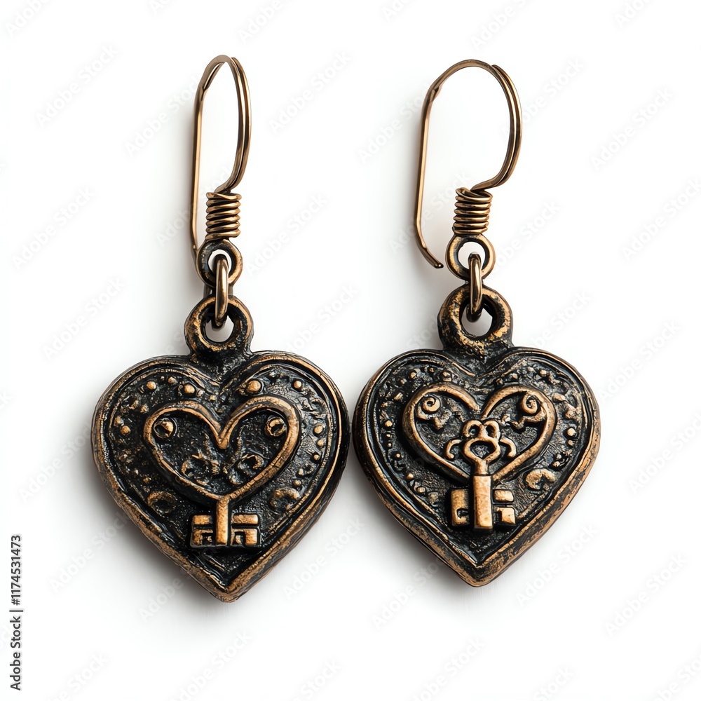 Elegant heart-shaped earrings featuring intricate designs and key motifs, perfect for adding a touch of charm to any outfit. Elegant heart-shaped earrings featuring intricate designs and key motifs, perfect for adding a touch of charm to any outfit.