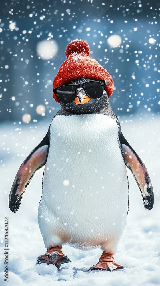 Cool penguin wearing a red beanie and sunglasses in the snow.