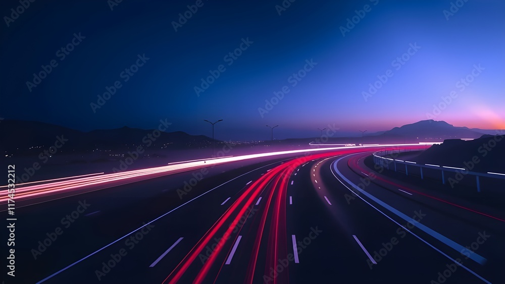 A visual representation of speed and motion, captured as a streak of neon light on the highway. A visual representation of speed and motion, captured as a streak of neon light on the highway.