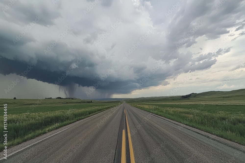Naklejka premium Stormy sky over open road in vast countryside landscape