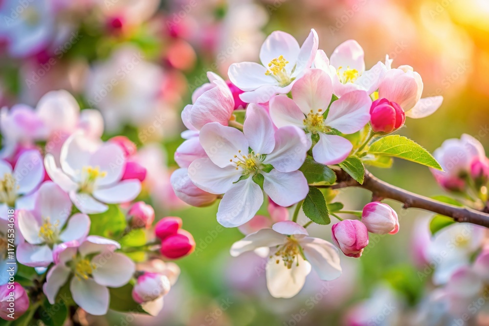Fototapeta premium Delicate Apple Blossom Branches, Springtime Orchard Bloom, Pink and White Flowers