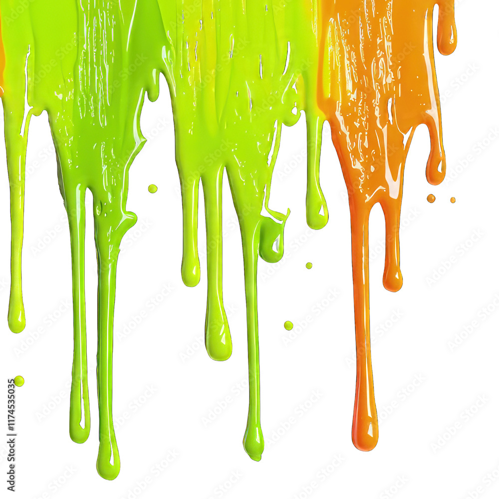 Naklejka premium Vibrant lime green and tangerine paint dripping dynamically isolated on the transparent background