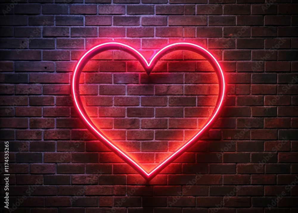 A romantic AI image: a vibrant red neon heart illuminates a brick wall, casting a captivating glow. A romantic AI image: a vibrant red neon heart illuminates a brick wall, casting a captivating glow.
